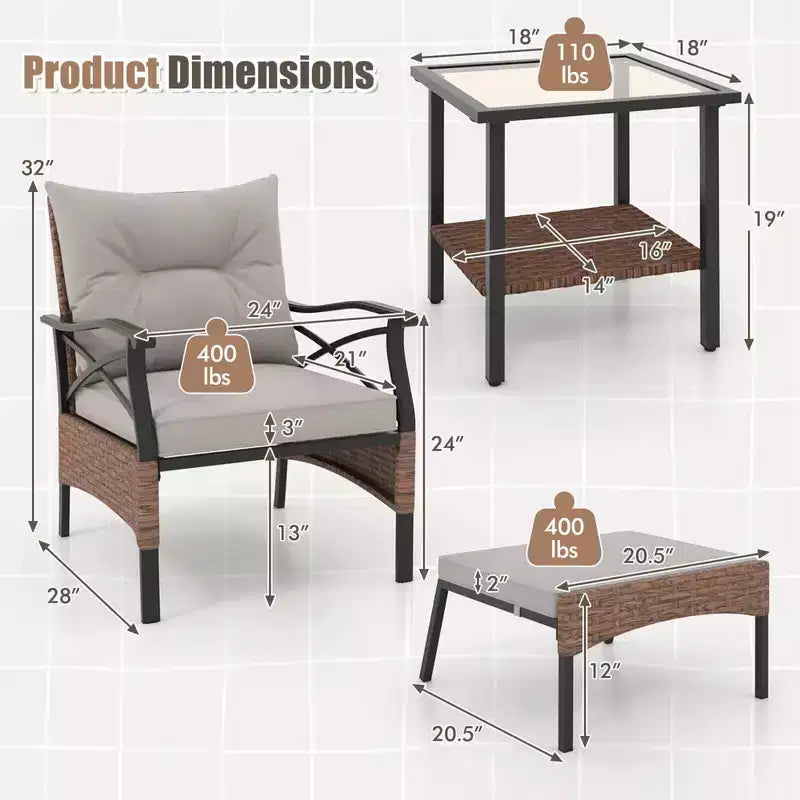 Ensemble de mobilier de jardin 5 pièces avec table basse à 2 niveaux et 2 poufs, coussins inclus