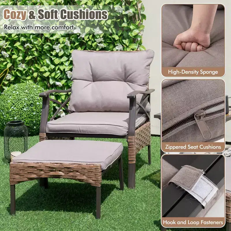 Ensemble de mobilier de jardin 5 pièces avec table basse à 2 niveaux et 2 poufs, coussins inclus