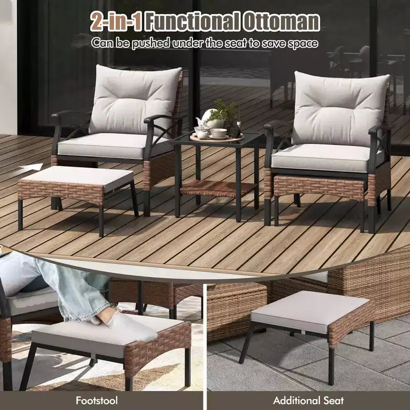Ensemble de mobilier de jardin 5 pièces avec table basse à 2 niveaux et 2 poufs, coussins inclus
