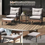 Ensemble de mobilier de jardin 5 pièces avec table basse à 2 niveaux et 2 poufs, coussins inclus