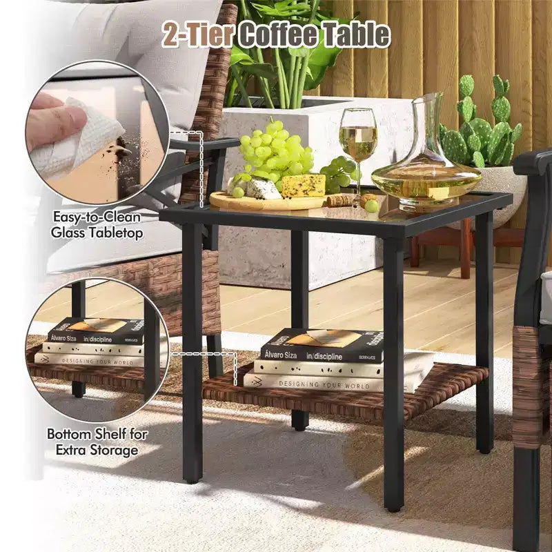 Ensemble de mobilier de jardin 5 pièces avec table basse à 2 niveaux et 2 poufs, coussins inclus
