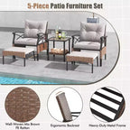 Ensemble de mobilier de jardin 5 pièces avec table basse à 2 niveaux et 2 poufs, coussins inclus