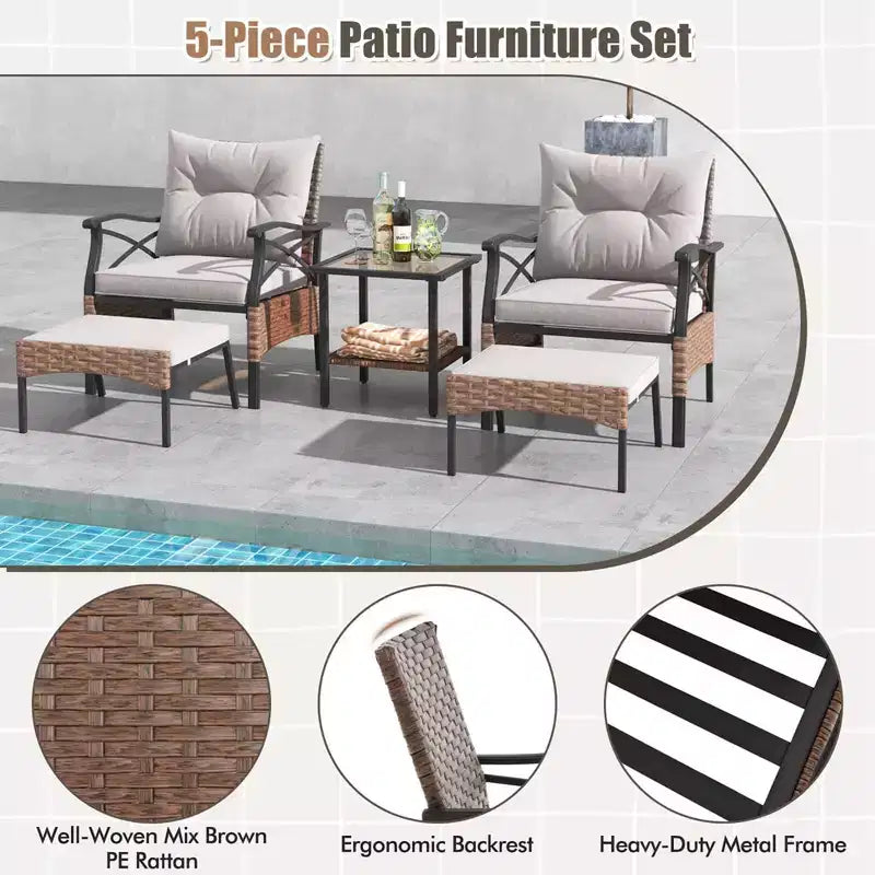 Ensemble de mobilier de jardin 5 pièces avec table basse à 2 niveaux et 2 poufs, coussins inclus