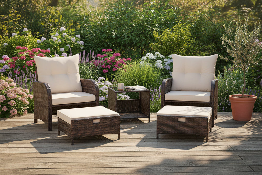 Ensemble de conversation de patio 5 pièces avec 2 chaises, 2 poufs et 1 table basse pour le jardin, beige