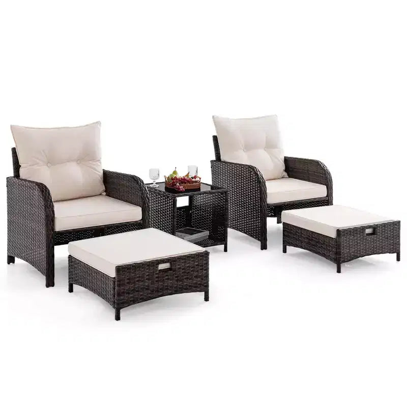 Ensemble de conversation de patio 5 pièces avec 2 chaises, 2 poufs et 1 table basse pour le jardin, beige