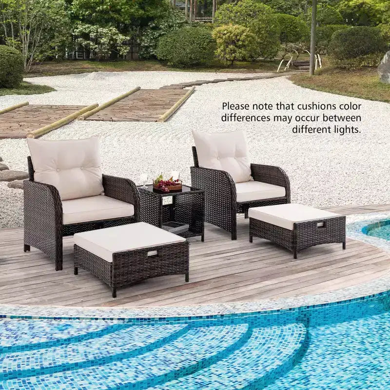 Ensemble de conversation de patio 5 pièces avec 2 chaises, 2 poufs et 1 table basse pour le jardin, beige