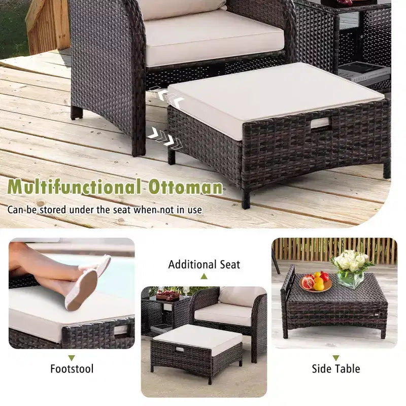 Ensemble de conversation de patio 5 pièces avec 2 chaises, 2 poufs et 1 table basse pour le jardin, beige