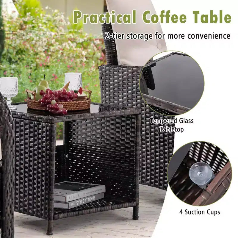 Ensemble de conversation de patio 5 pièces avec 2 chaises, 2 poufs et 1 table basse pour le jardin, beige