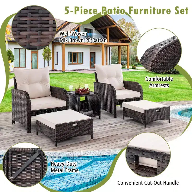Ensemble de conversation de patio 5 pièces avec 2 chaises, 2 poufs et 1 table basse pour le jardin, beige